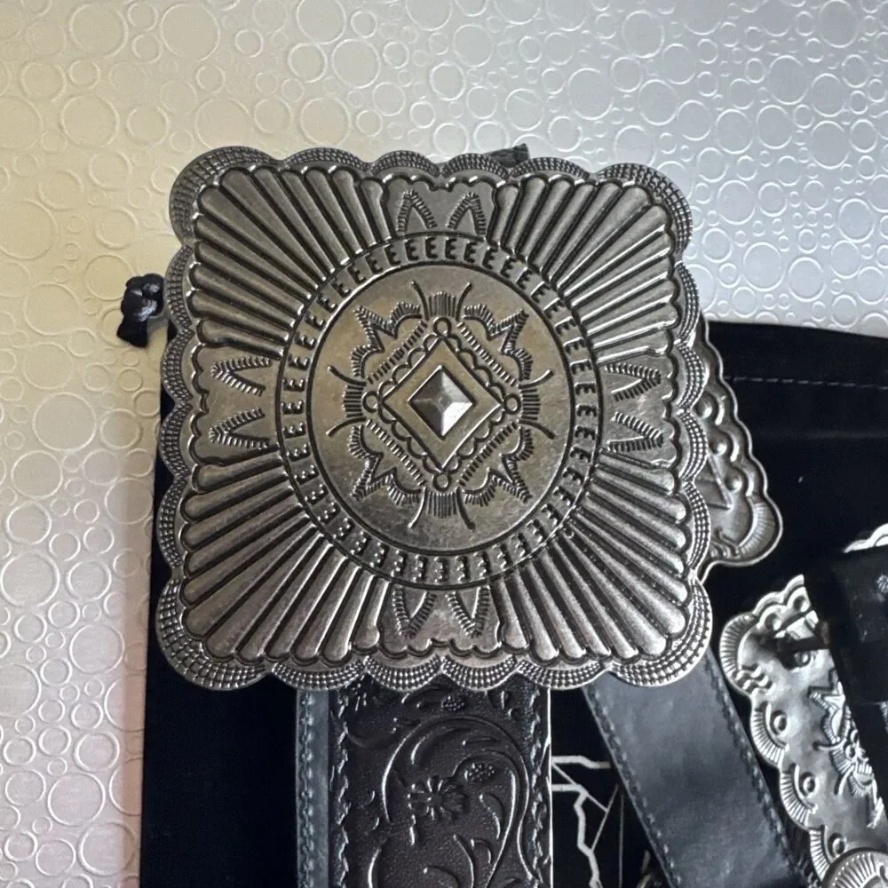 New Lucky & Blessed Black Embossed Concho Belt - Size S Runs Bigger Dust Bag
